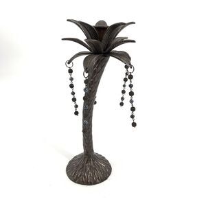 NWT Palm Tree Candle Holder Standard Size Metal Heavy Weight Brown Beaded